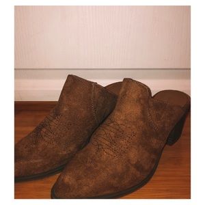 Brown Suede Slip-In Booties.